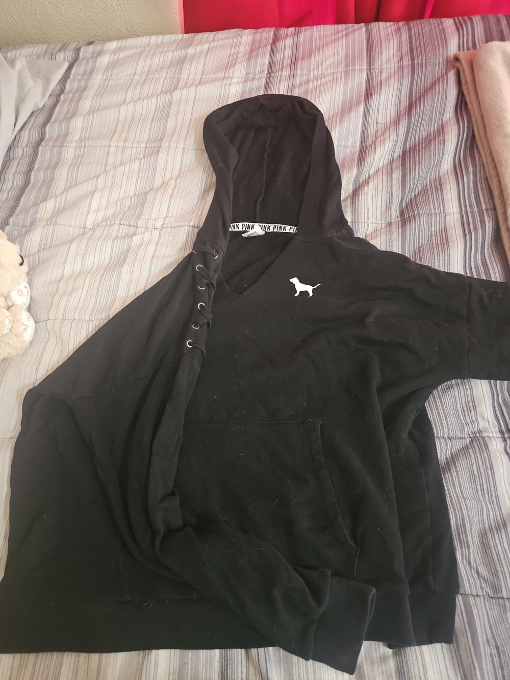 Oversized PINK Victoria's Secret Black Lace-Up Hoodie with Dog Logo